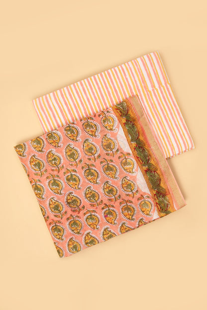 Peach Pure Hand Block Chanderi unstitched suit set with pure Cotton striped handblock Bottom