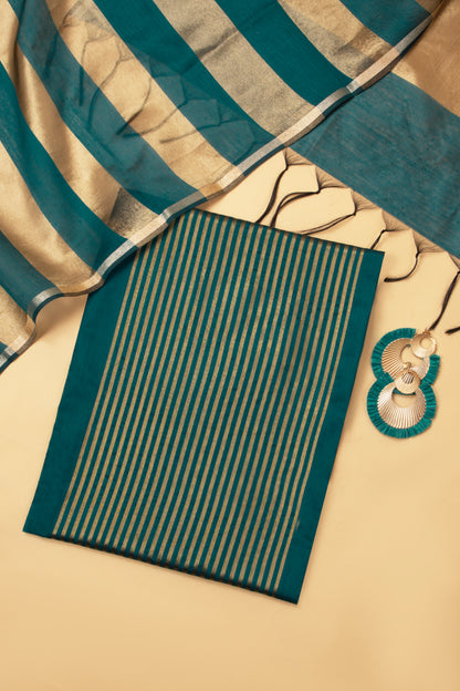 Teal Green Plain Banarasi Cotton Silk suit with woven border on daaman and Stripe woven golden zari dupatta