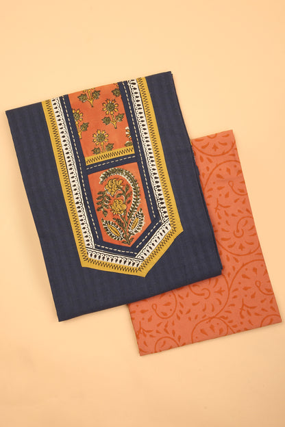 Blue Charm Handloom unstitched Cotton Suit with hand block Maroon Cotton Bottom