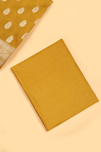 Haldi Yellow Banarasi Chanderi Silk unstitched suit set in Zari Buti woven shirt with Bandhani and woven dupatta