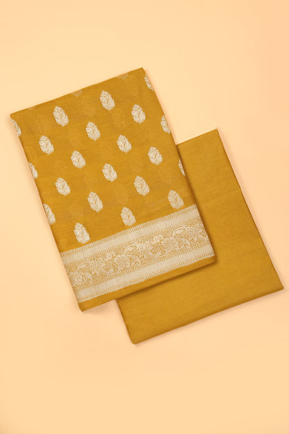 Haldi Yellow Banarasi Chanderi Silk unstitched suit set in Zari Buti woven shirt with Bandhani and woven dupatta