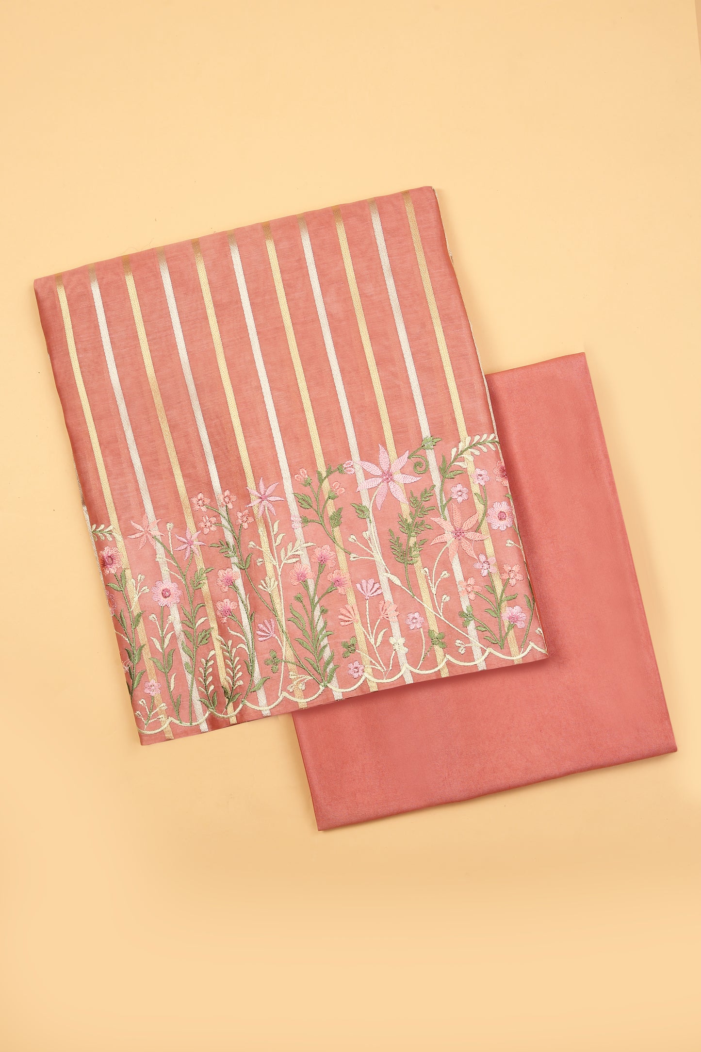 Peach Pure chanderi silk unstitched suit set in sona rupa striped weaving paired with multi colour emroidered dupatta