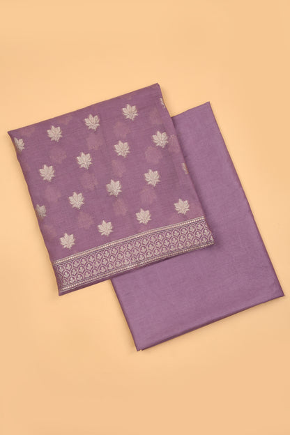 Mauve Banarasi Chanderi Silk unstitched suit set in Zari Buti woven shirt paired with Rangkaat and woven dupatta