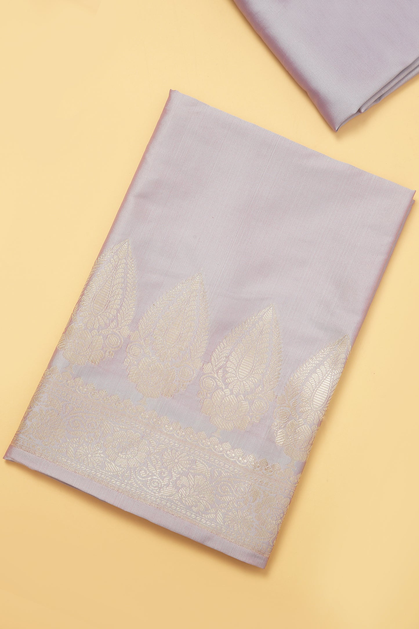 Lavender Banarasi Silk Blend Suit Set in Plain Shirt with Front Border and Jaal Woven Dupatta