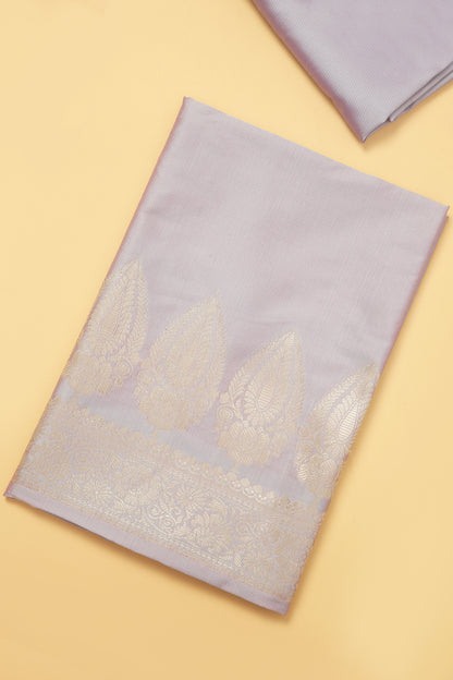 Lavender Banarasi Silk Blend Suit Set in Plain Shirt with Front Border and Jaal Woven Dupatta