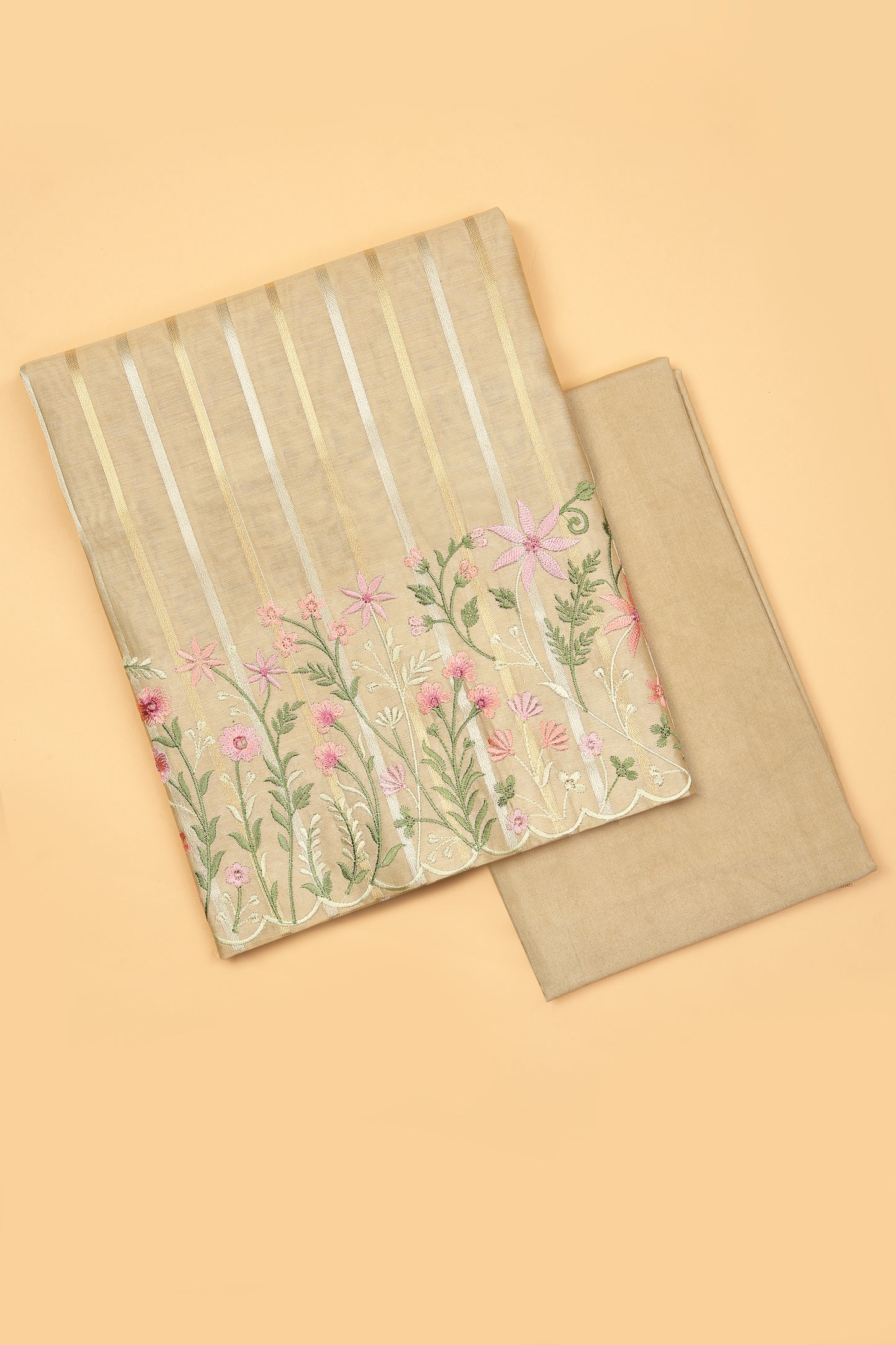 Beige Pure chanderi silk unstitched suit set in sona rupa striped weaving paired with multi colour emroidered dupatta