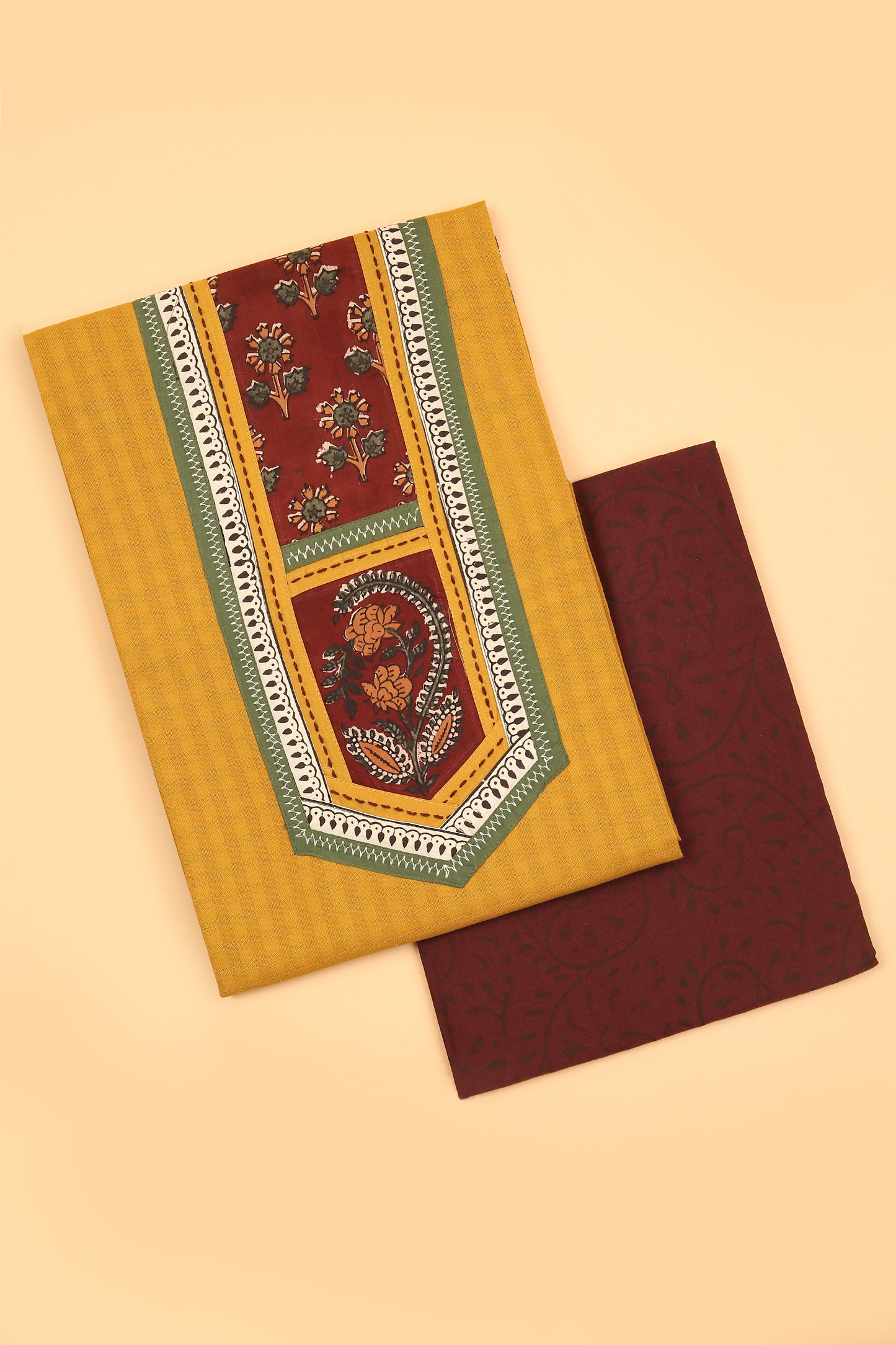 Mustard Charm Handloom unstitched Cotton Suit with hand block Maroon Cotton Bottom