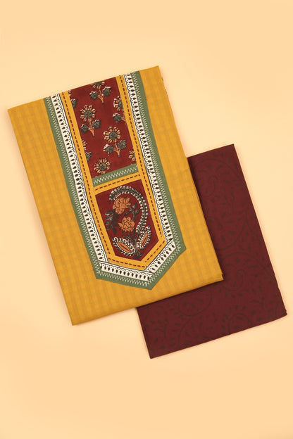 Mustard Charm Handloom unstitched Cotton Suit with hand block Maroon Cotton Bottom