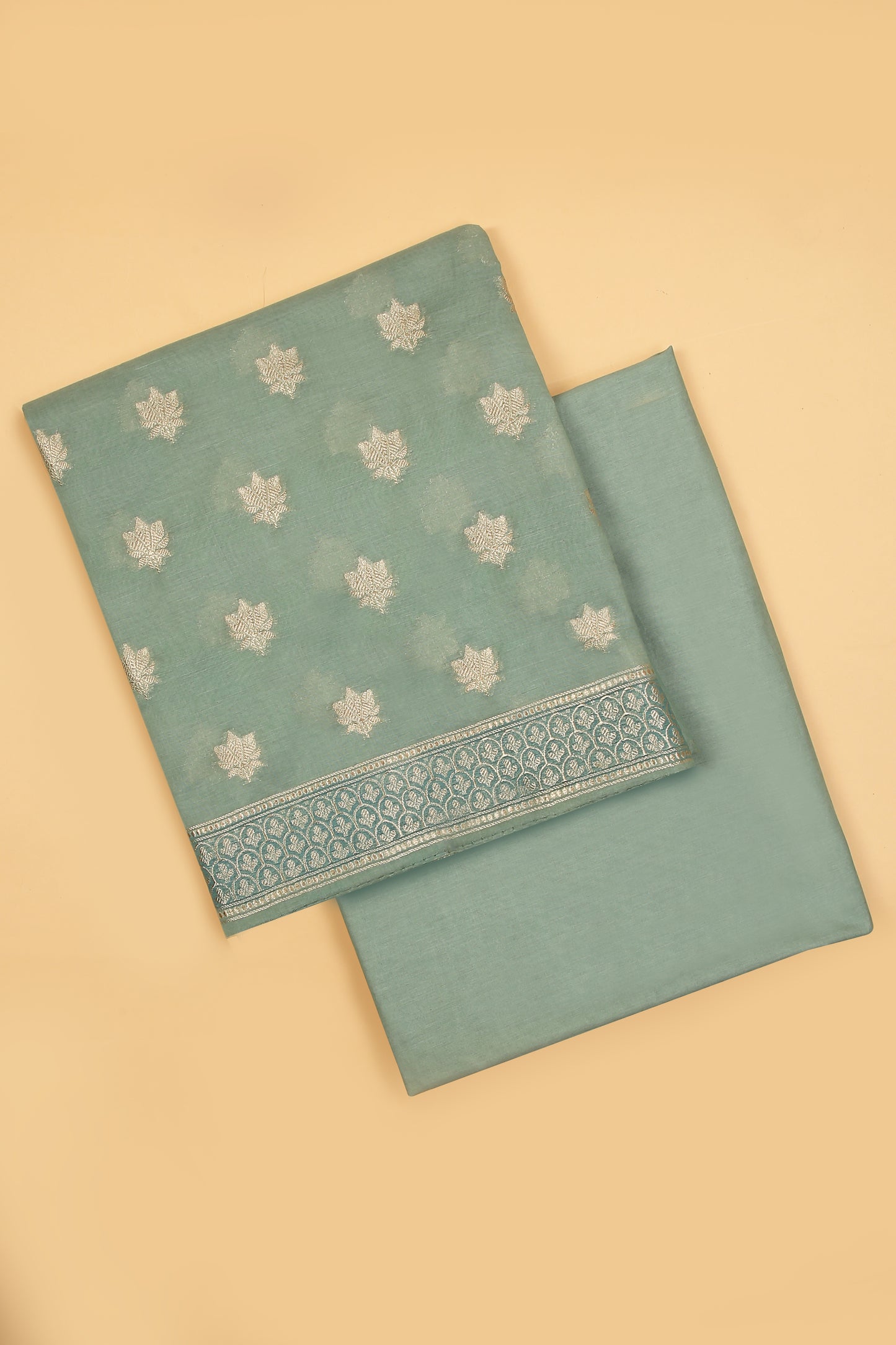 Aqua Green Banarasi Chanderi Silk unstitched suit set in Zari Buti woven shirt paired with Rangkaat and woven dupatta