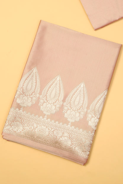 Chiku Banarasi Silk Blend Suit Set in Plain Shirt with Front Border and Jaal Woven Dupatta