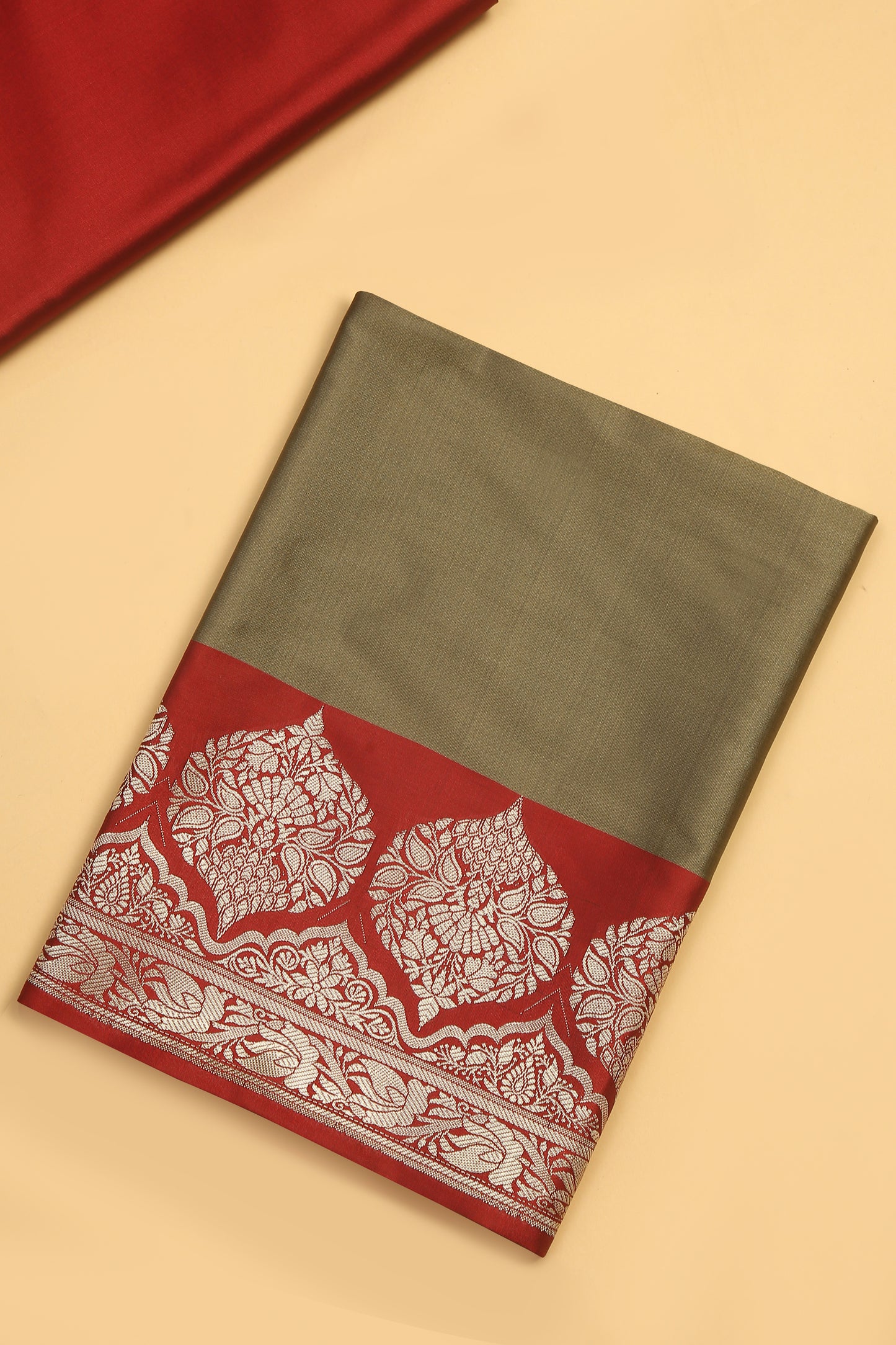 Olive Grey Banarasi Silk BlenSuit Set in Plain Shirt with Contrast Red Front Border and Contrast Red Jaal Woven Dupatta