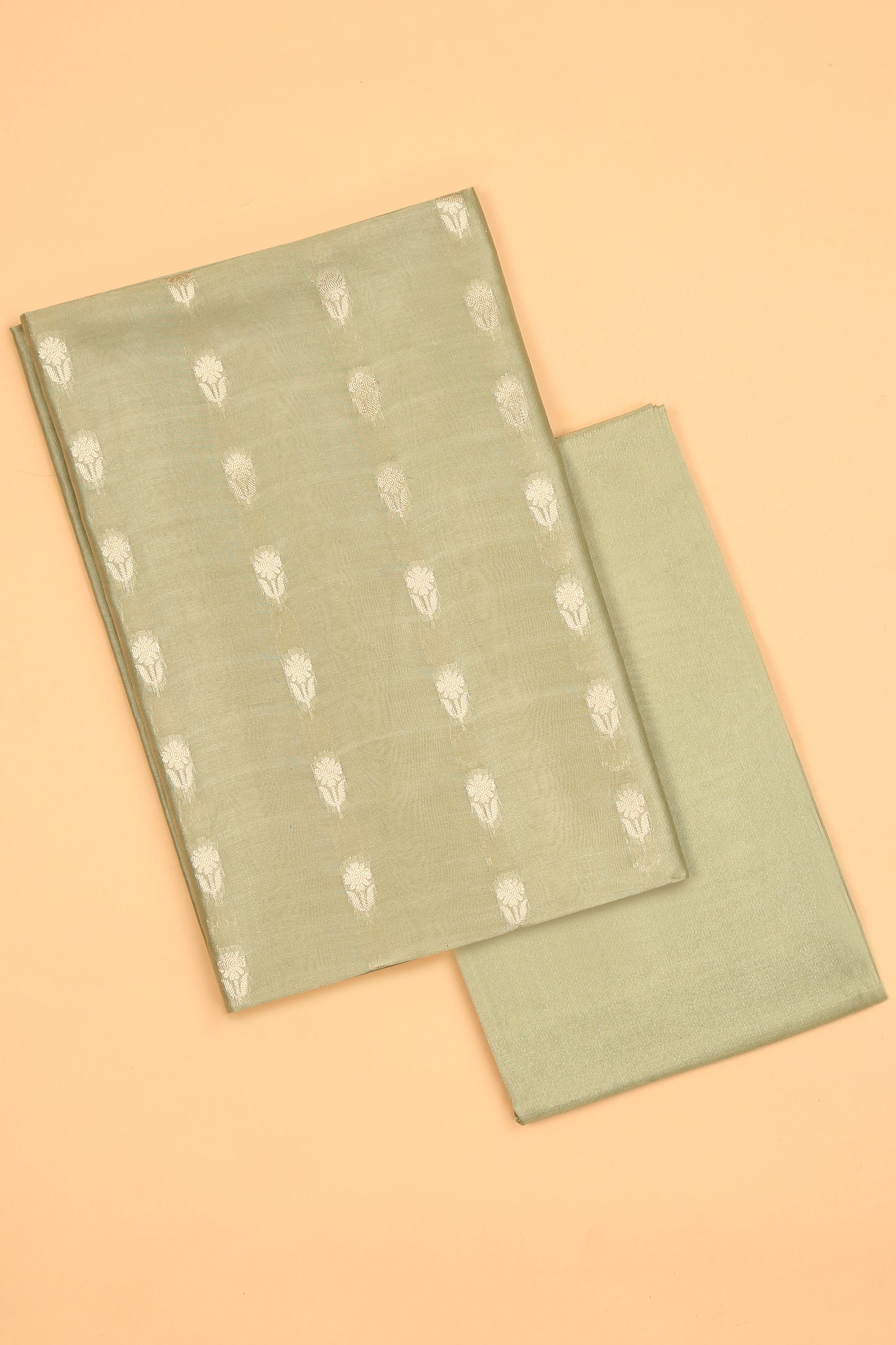 Pastel Green Pure Chanderi Unstitched Suit in buti weaving with Pure Organza embroidered dupatta