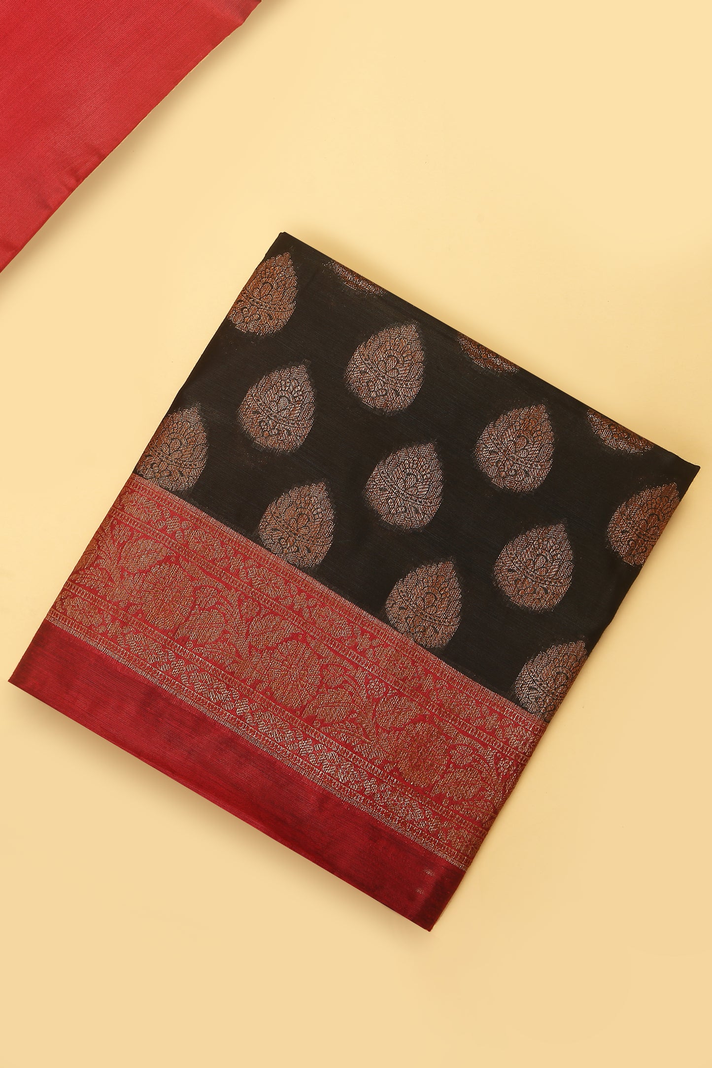 Black Banarasi Cotton Silk Zari Buti Woven Unstitched suit with Black Contrast Jaal Woven Dupatta