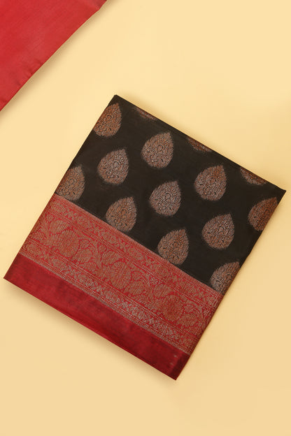 Black Banarasi Cotton Silk Zari Buti Woven Unstitched suit with Black Contrast Jaal Woven Dupatta