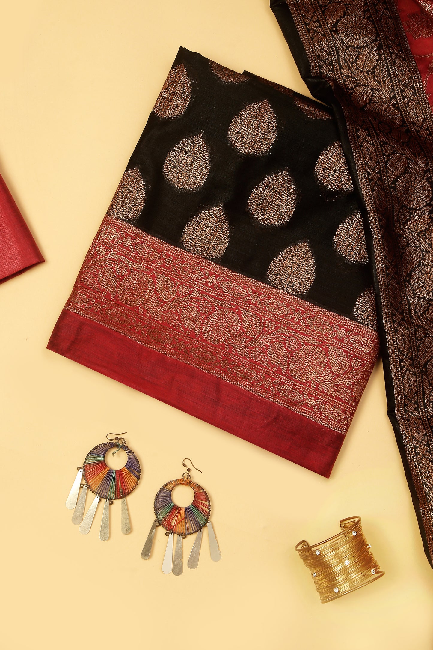 Black Banarasi Cotton Silk Zari Buti Woven Unstitched suit with Black Contrast Jaal Woven Dupatta