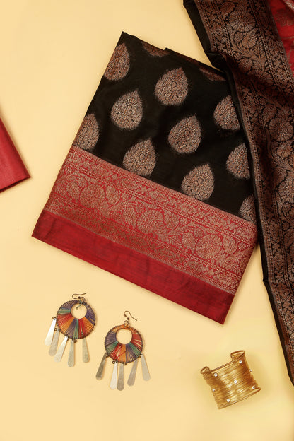 Black Banarasi Cotton Silk Zari Buti Woven Unstitched suit with Black Contrast Jaal Woven Dupatta