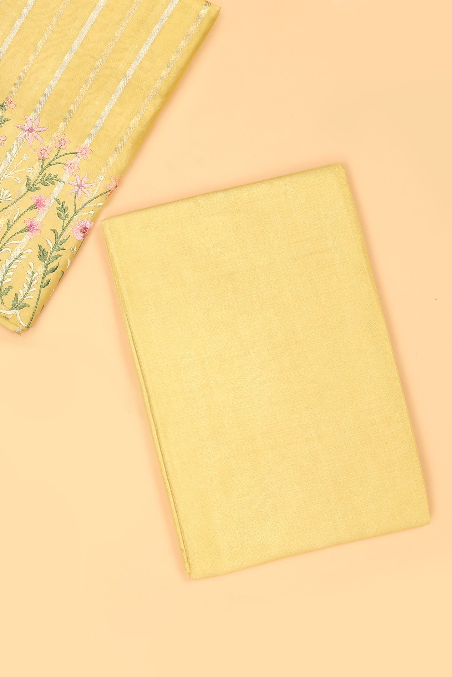 Pastel Yellow Pure chanderi silk unstitched suit set in sona rupa striped weaving paired with multi colour emroidered dupatta