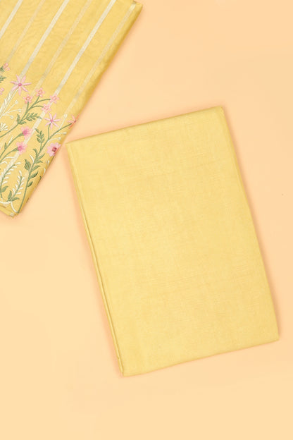 Pastel Yellow Pure chanderi silk unstitched suit set in sona rupa striped weaving paired with multi colour emroidered dupatta