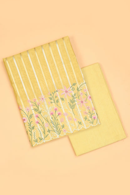 Pastel Yellow Pure chanderi silk unstitched suit set in sona rupa striped weaving paired with multi colour emroidered dupatta
