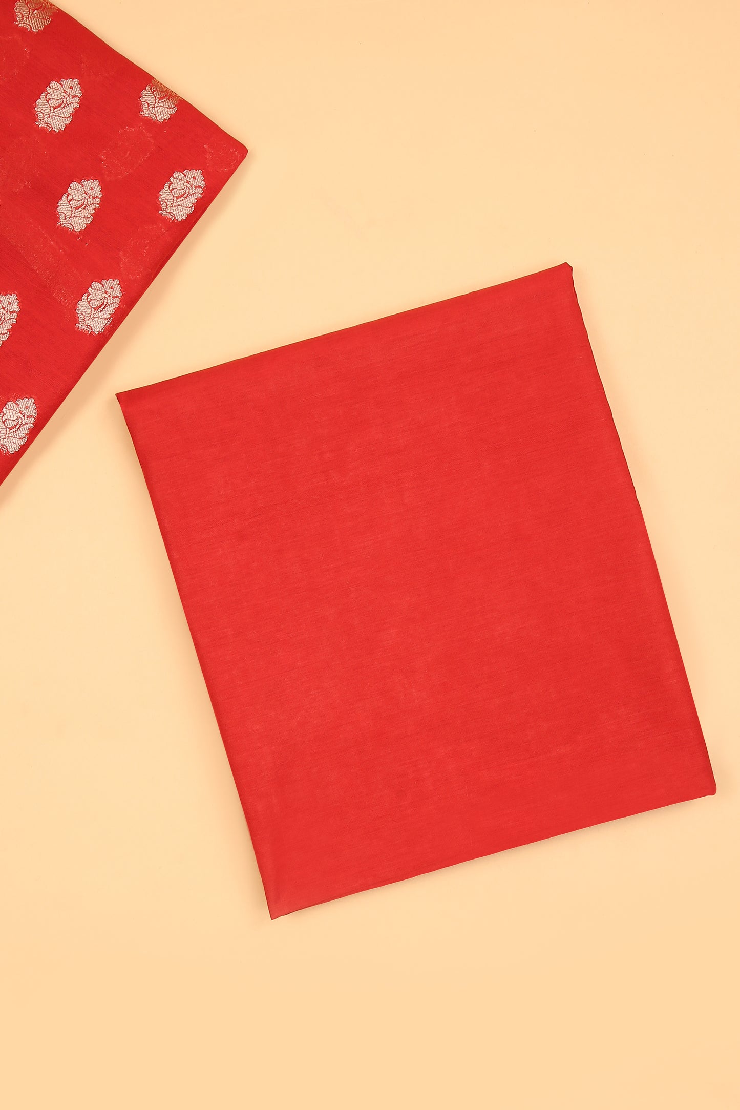 Red Banarasi Chanderi Silk unstitched suit set in Zari Buti woven shirt with Bandhani and woven dupatta
