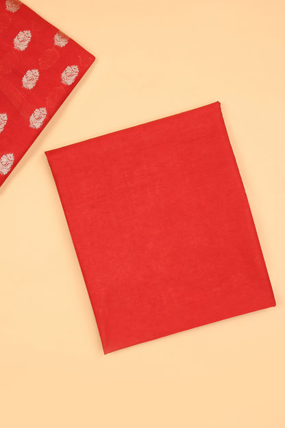Red Banarasi Chanderi Silk unstitched suit set in Zari Buti woven shirt with Bandhani and woven dupatta