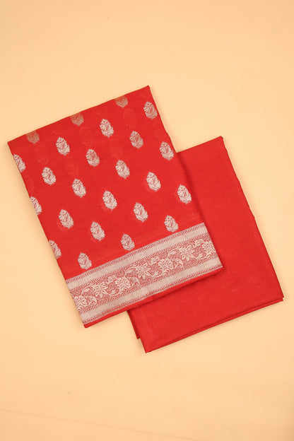 Red Banarasi Chanderi Silk unstitched suit set in Zari Buti woven shirt with Bandhani and woven dupatta