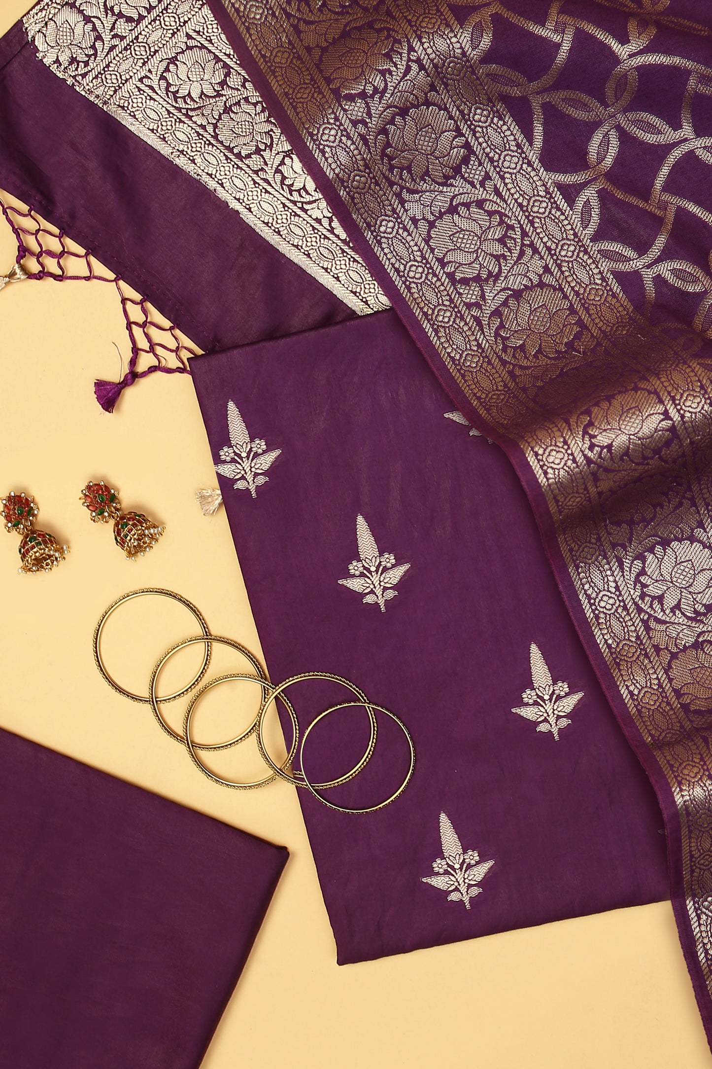Royal Purple Chiniya Silk Blend Zari Woven Unstitched suit set with Zari Woven Dupatta