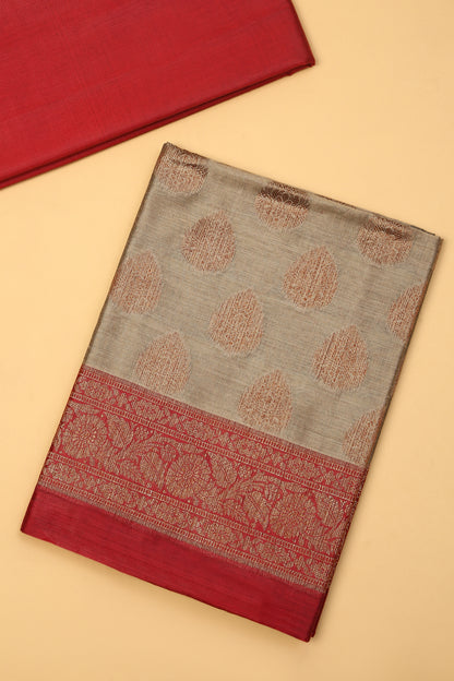 Chiku color Banarasi Cotton Silk Zari Buti Woven Unstitched suit with Red Contrast Jaal Woven Dupatta