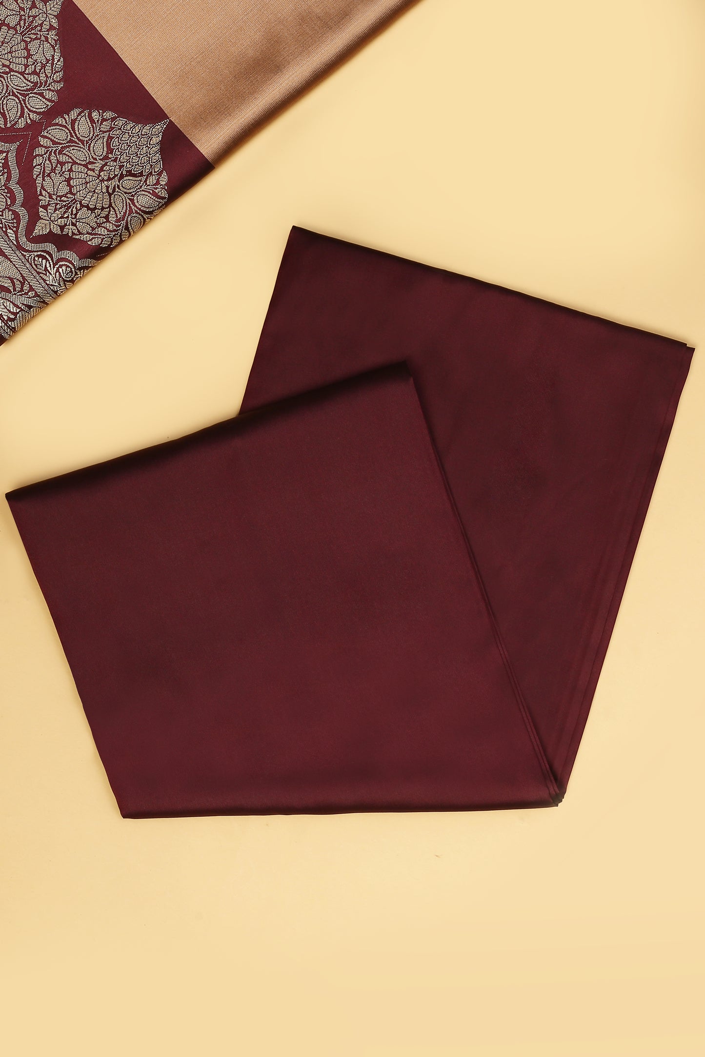 Nude Banarasi Silk Blend Suit Set in Plain Shirt with Contrast Maroon Front Border and Contrast Maroon Jaal Woven Dupatta