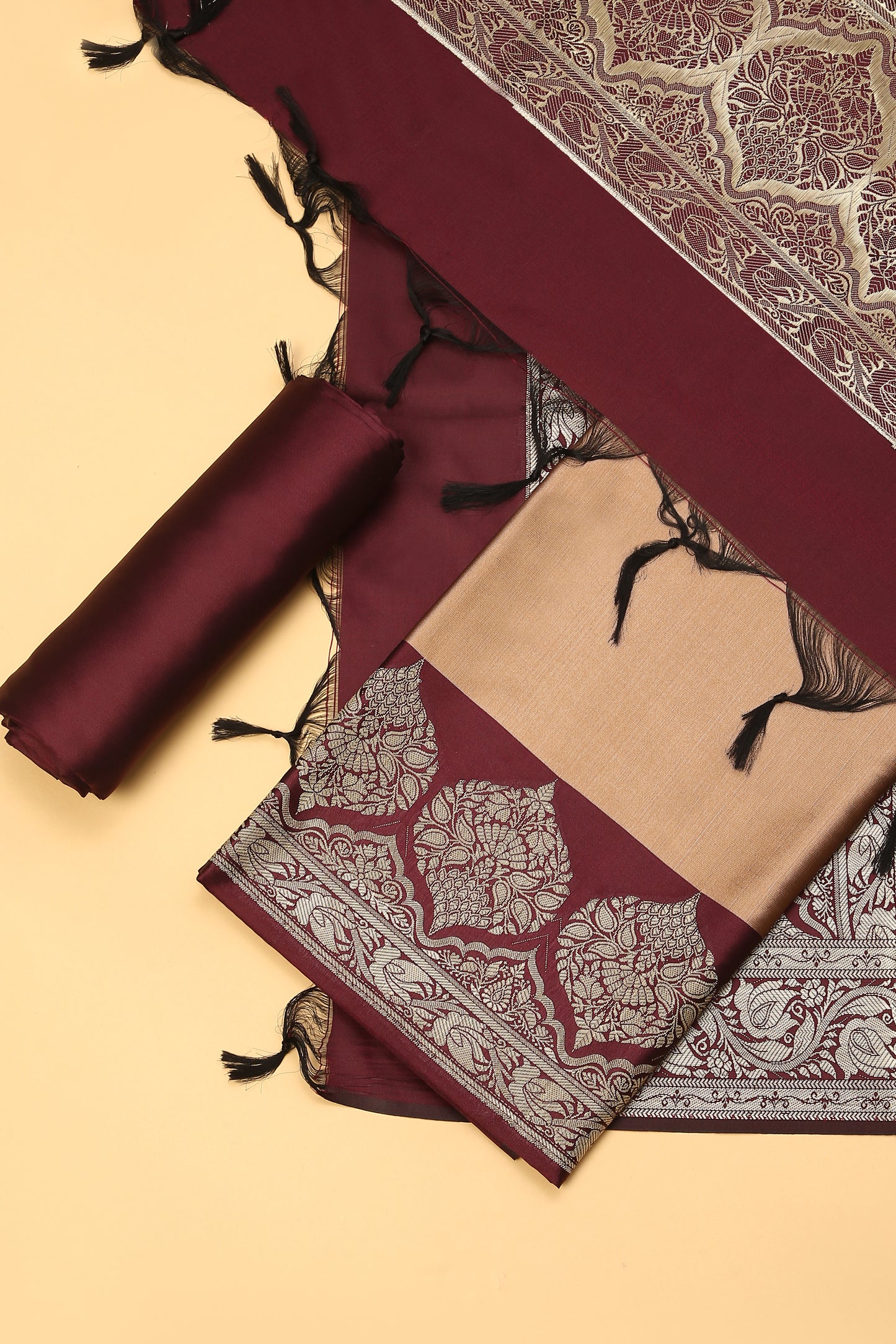 Nude Banarasi Silk Blend Suit Set in Plain Shirt with Contrast Maroon Front Border and Contrast Maroon Jaal Woven Dupatta