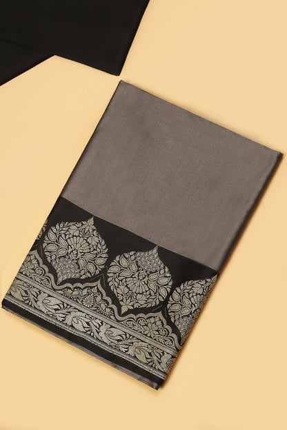 Grey Banarasi Silk Blend Suit Set in Plain Shirt with Contrast Black Front Border and Contrast Black Jaal Woven Dupatta