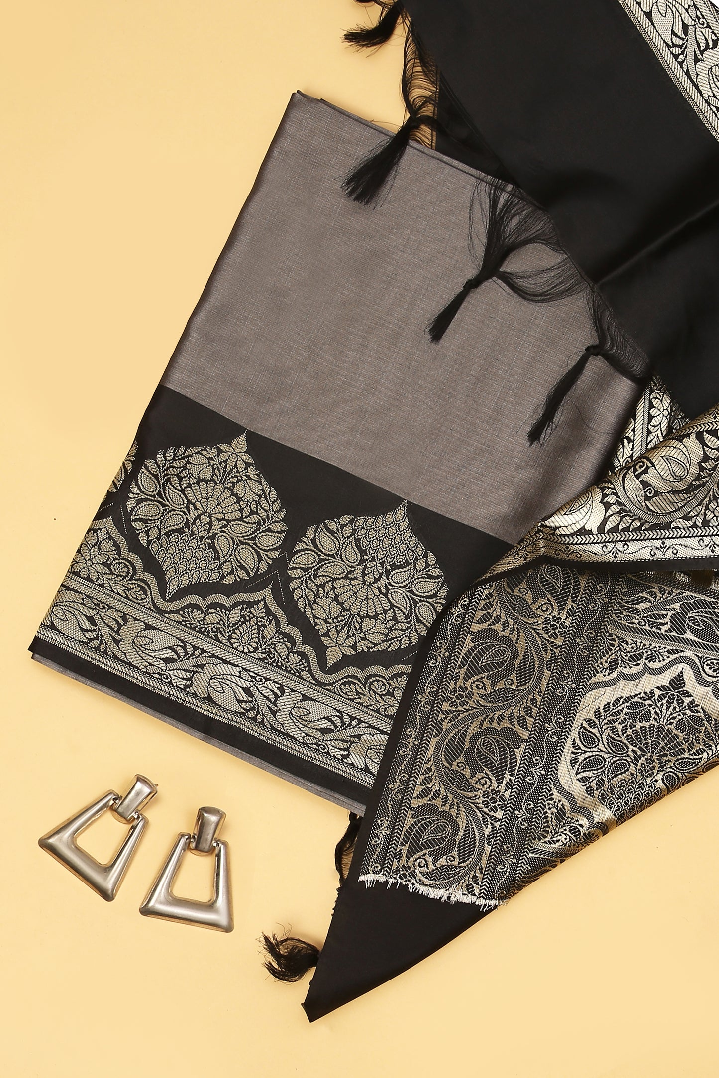 Grey Banarasi Silk Blend Suit Set in Plain Shirt with Contrast Black Front Border and Contrast Black Jaal Woven Dupatta