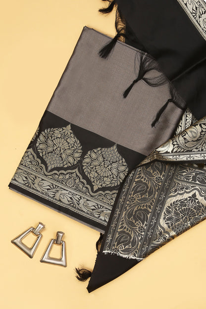 Grey Banarasi Silk Blend Suit Set in Plain Shirt with Contrast Black Front Border and Contrast Black Jaal Woven Dupatta