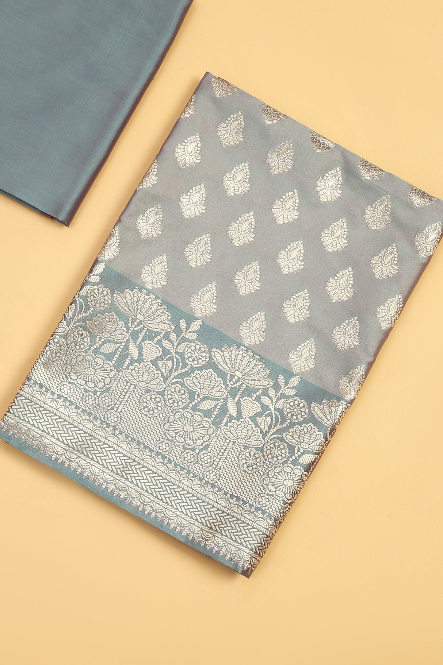 Grey Pastel Base paired with Buti on shirt in Banarasi Silk Blend with Self Contrast Jaal Woven Dupatta