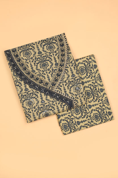 Blue with Beige printed pure cotton unstitched suit set with chiffon printed dupatta