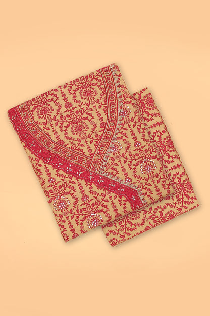 Pink with Beige printed pure cotton unstitched suit set with chiffon printed dupatta