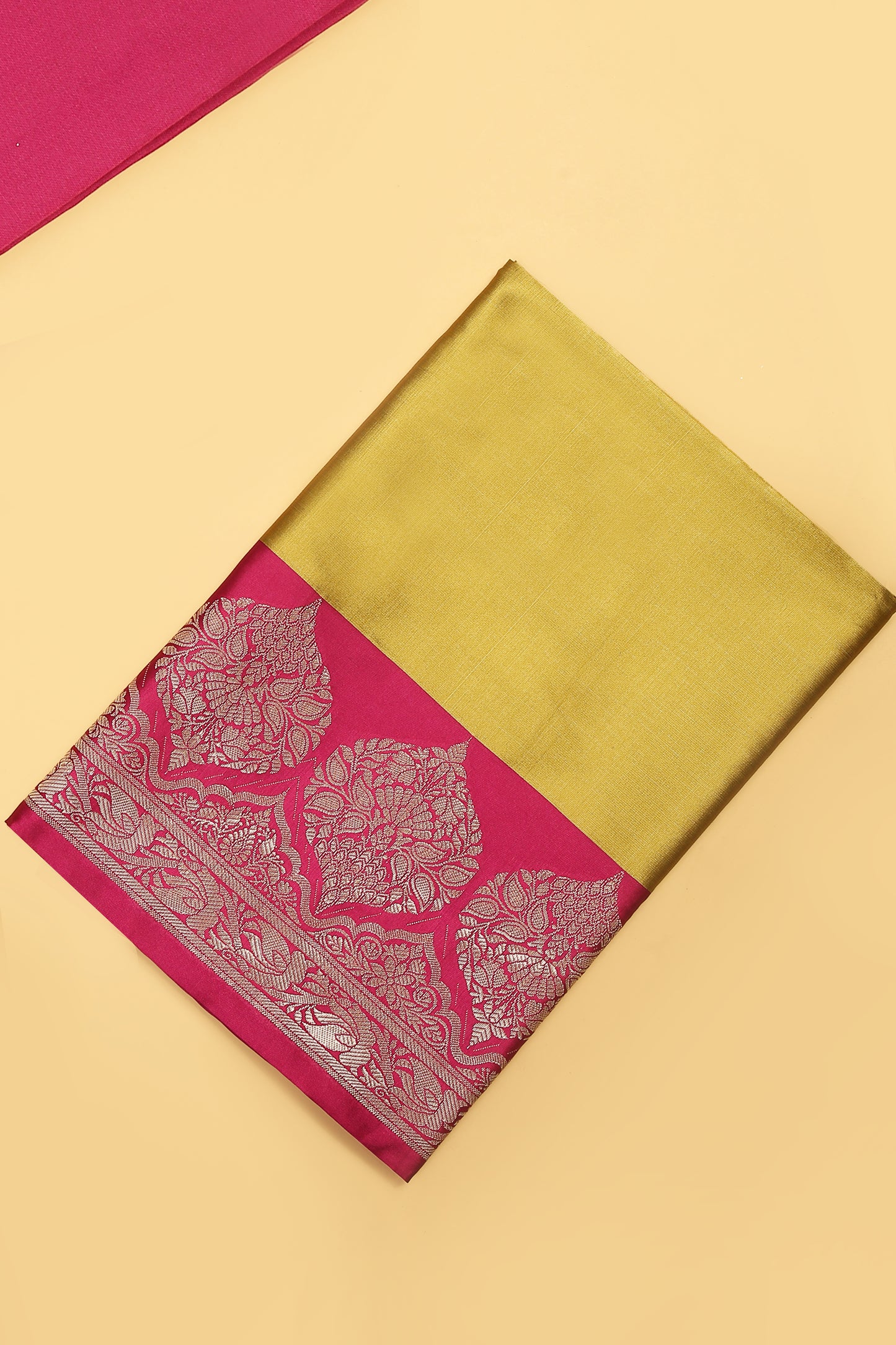 Yellow Banarasi Silk Blend Suit Set in Plain Shirt with Contrast Pink Front Border and Contrast Pink Jaal Woven Dupatta