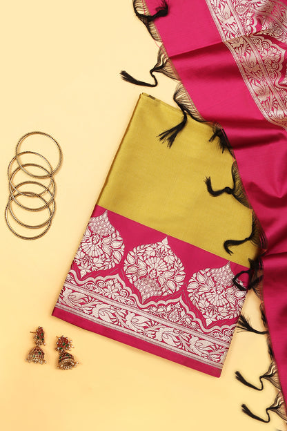 Yellow Banarasi Silk Blend Suit Set in Plain Shirt with Contrast Pink Front Border and Contrast Pink Jaal Woven Dupatta