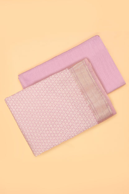Baby pink Assam Silk Unstitched suit set in Print and Zari woven stripes on shirt with Self Contrast Floral Printed and Zari woven Dupatta