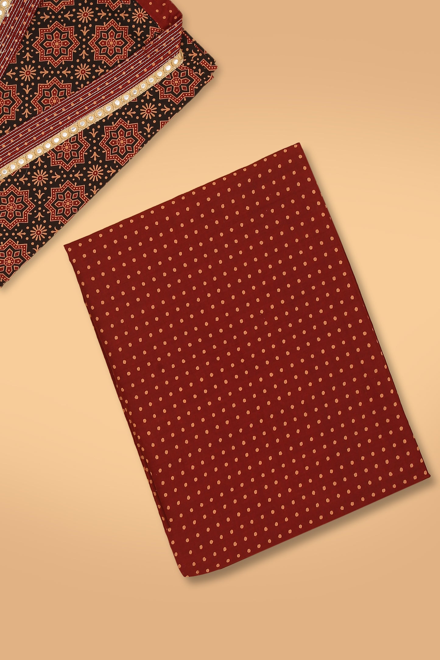 Black Ajrakh Pure Cotton unstitched suit set with Red Pure Cotton Printed Dupatta