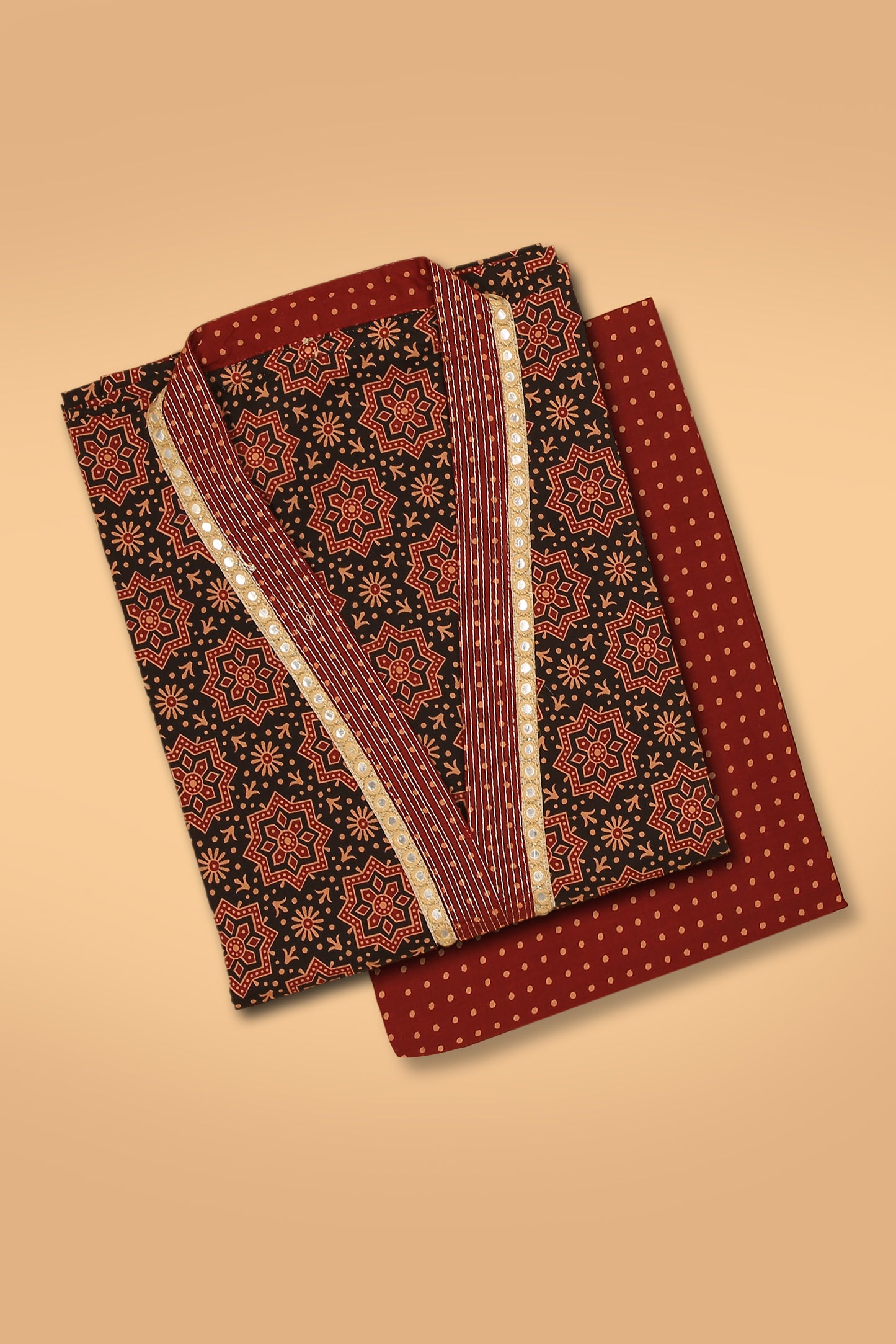 Black Ajrakh Pure Cotton unstitched suit set with Red Pure Cotton Printed Dupatta