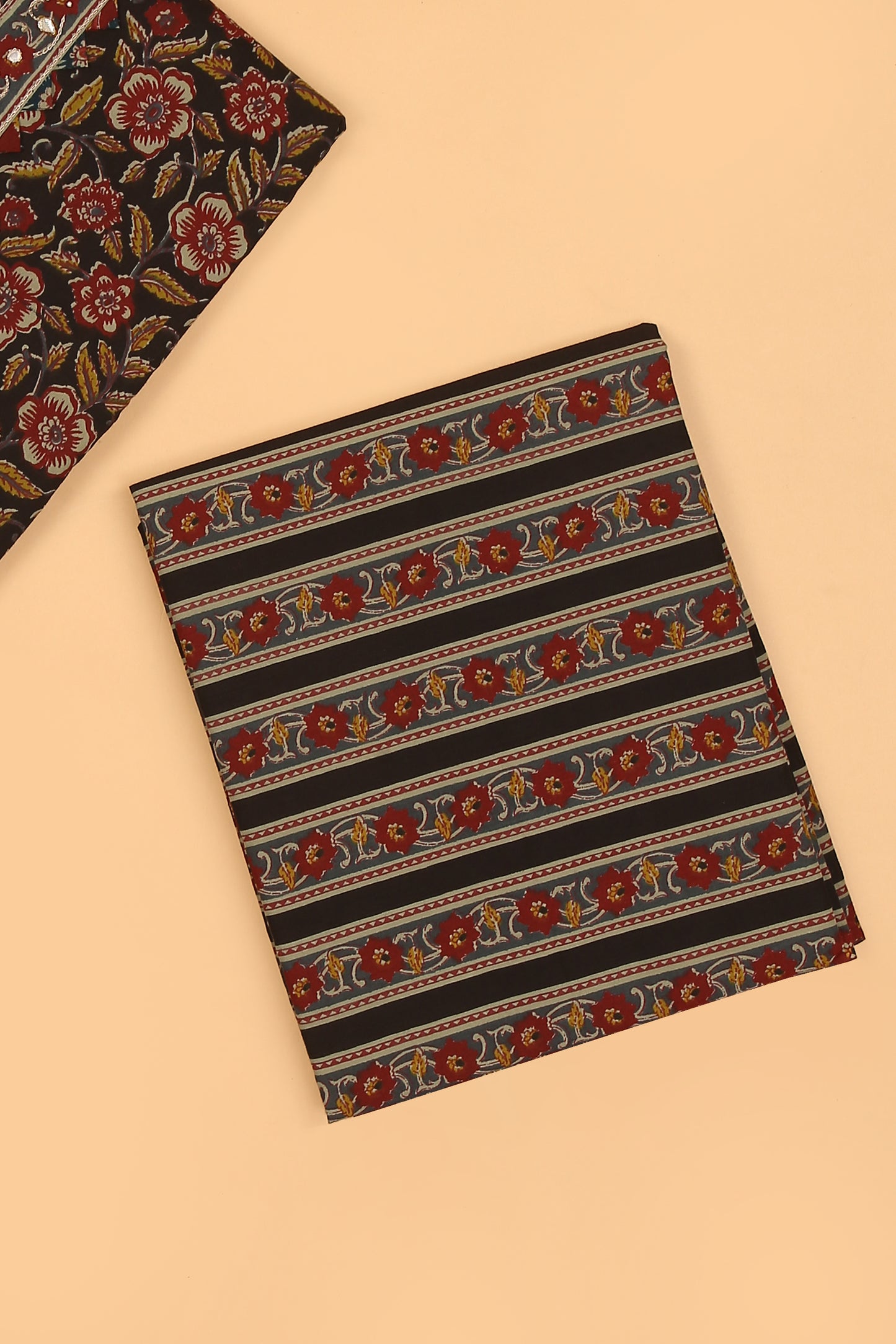 Black Bloom Pure Cotton unstitched suit set with sanganeri print