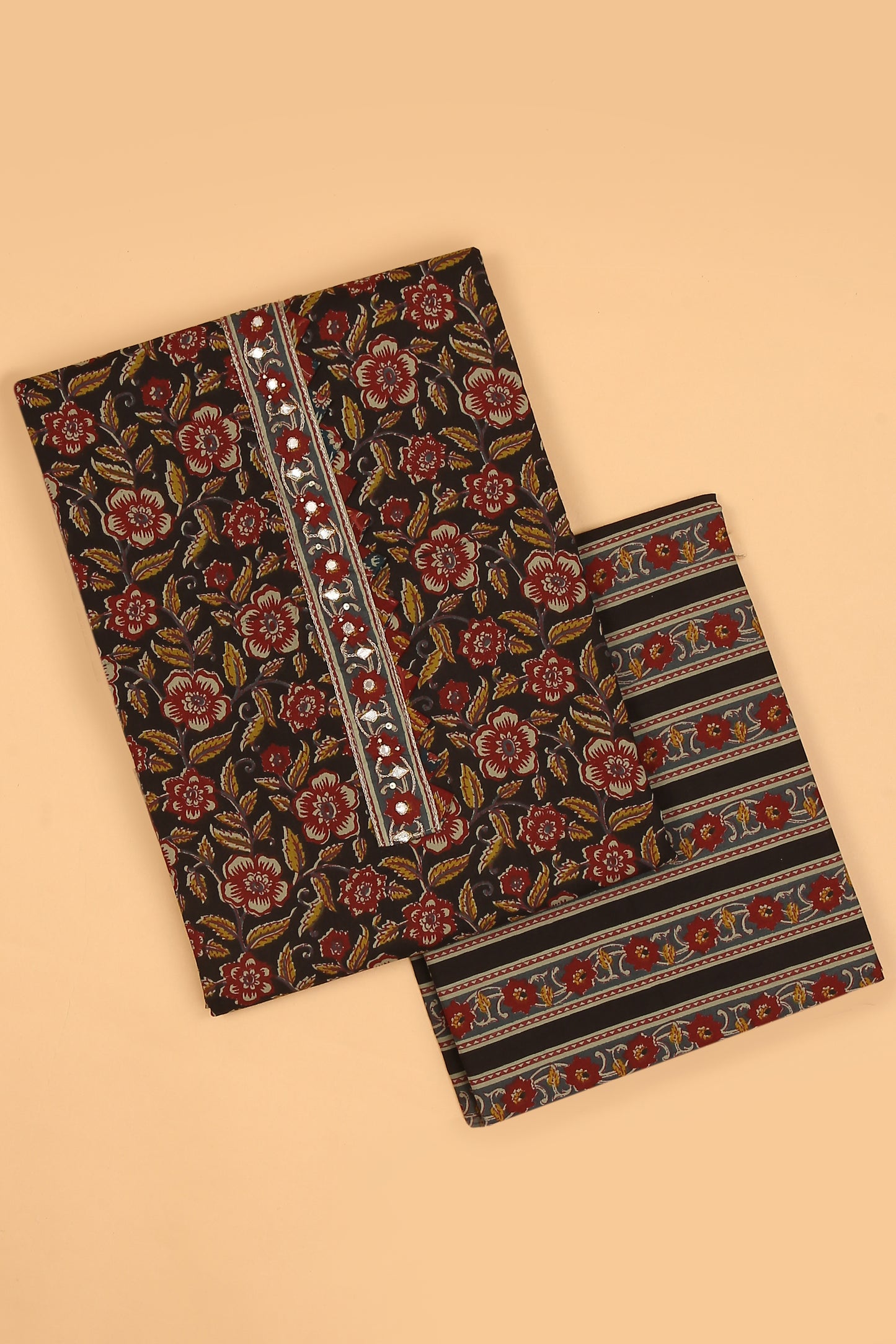 Black Bloom Pure Cotton unstitched suit set with sanganeri print