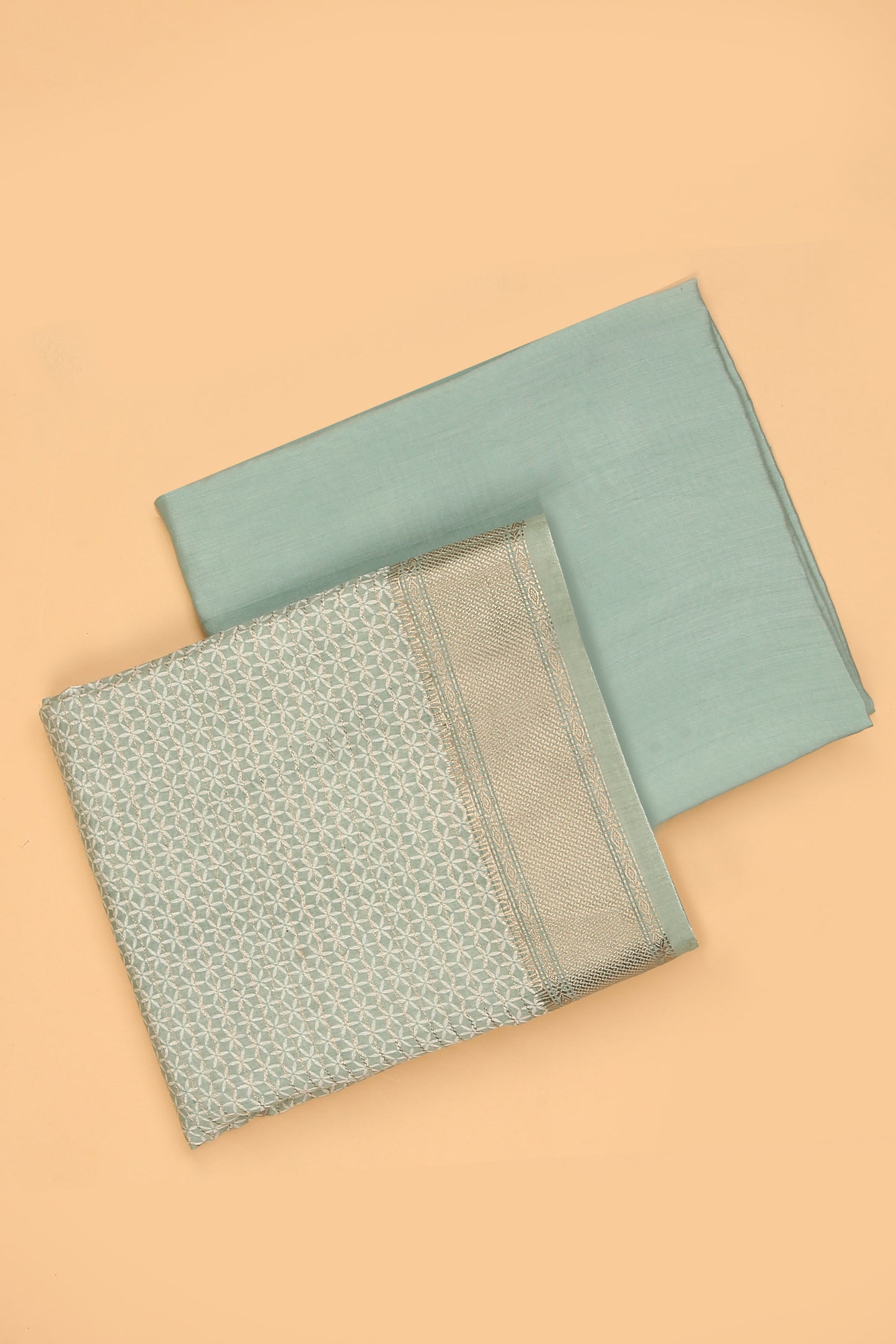 Sea Green Silk Unstitched suit set in Print and Zari woven stripes on shirt with Self Contrast Floral Printed and Zari woven Dupatta
