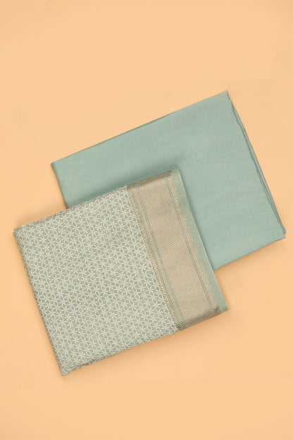 Sea Green Silk Unstitched suit set in Print and Zari woven stripes on shirt with Self Contrast Floral Printed and Zari woven Dupatta