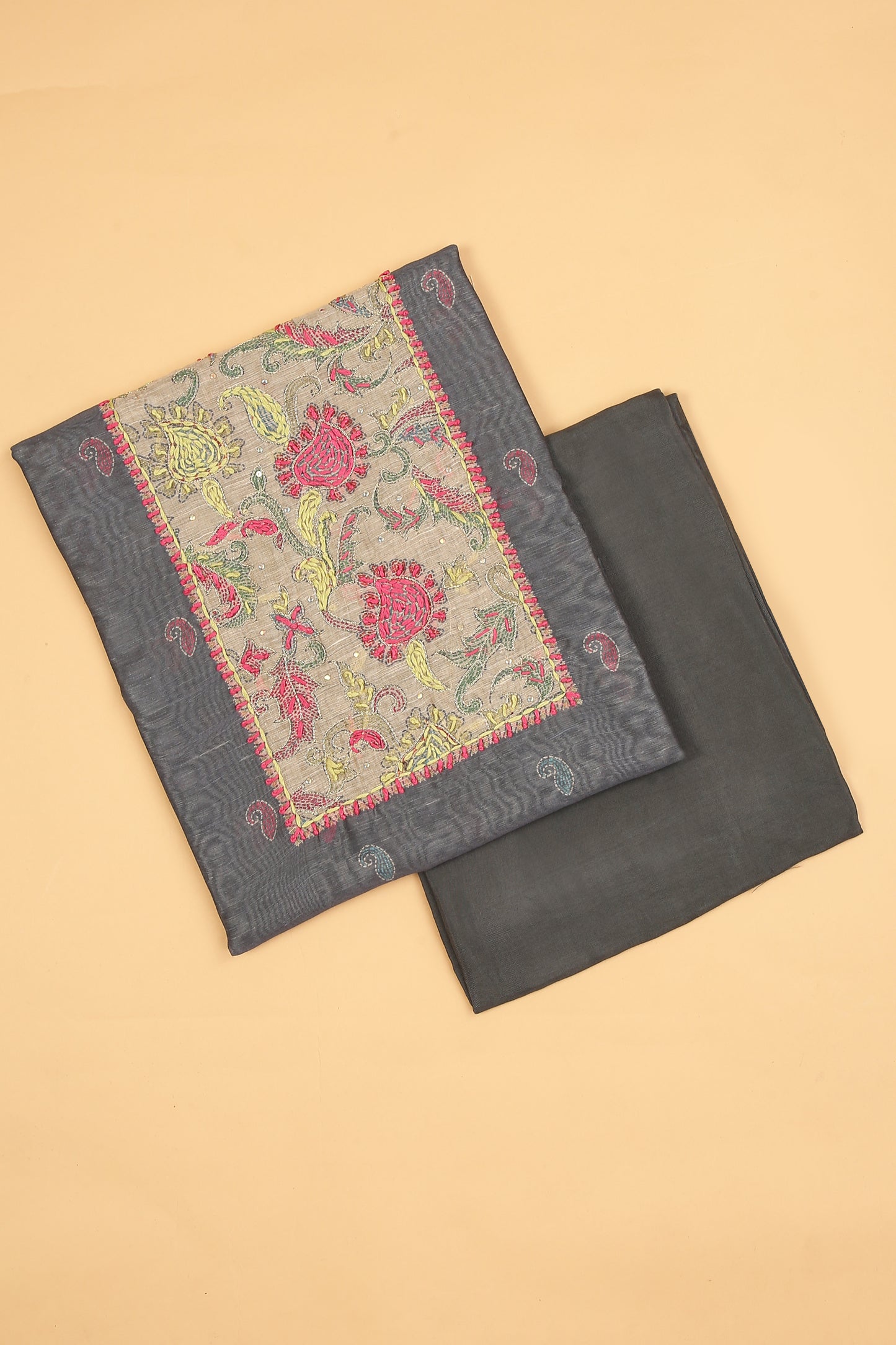 Grey with beige Chanderi unstitched suit set in Kantha work on neck and kantha print on shirt and dupatta