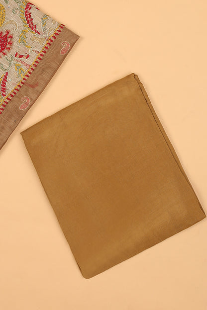 Mustard with beige Chanderi unstitched suit set in Kantha work on neck and kantha print on shirt and dupatta