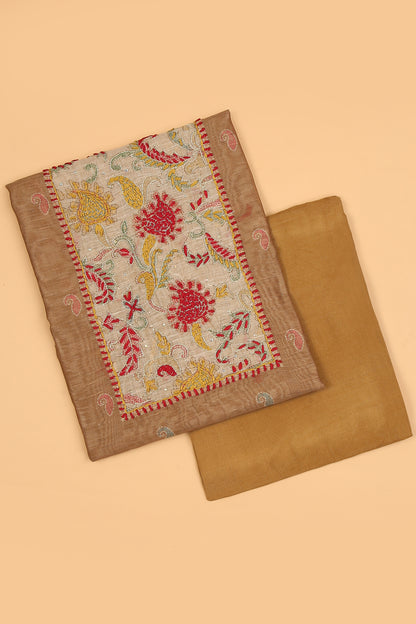 Mustard with beige Chanderi unstitched suit set in Kantha work on neck and kantha print on shirt and dupatta