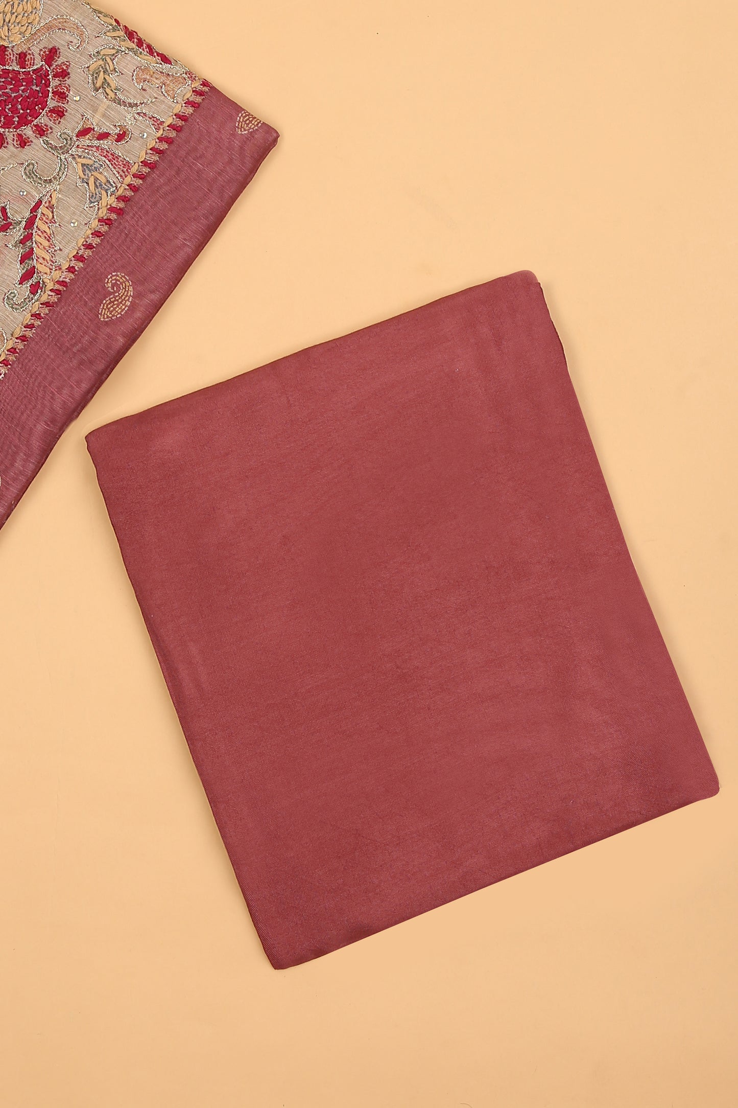 Pink with beige Chanderi unstitched suit set in Kantha work on neck and kantha print on shirt and dupatta