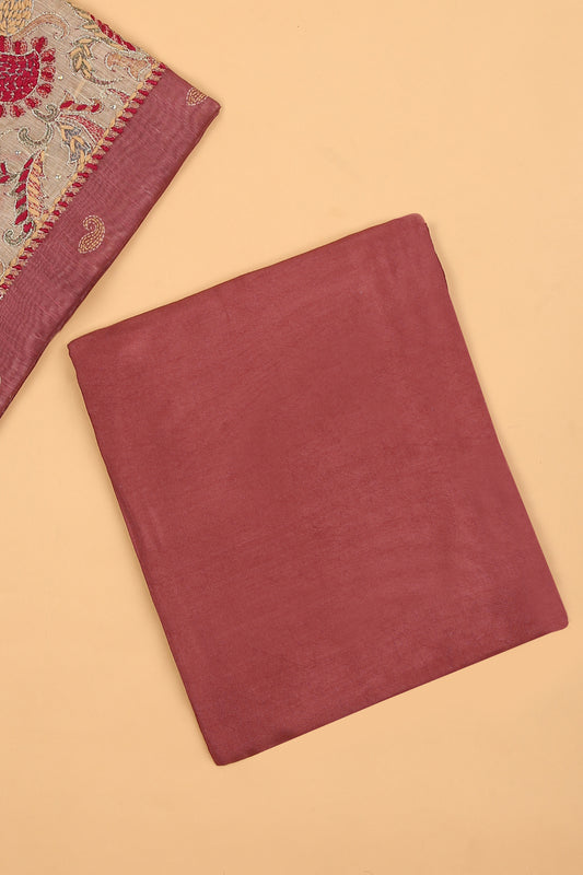 Pink with beige Chanderi unstitched suit set in Kantha work on neck and kantha print on shirt and dupatta